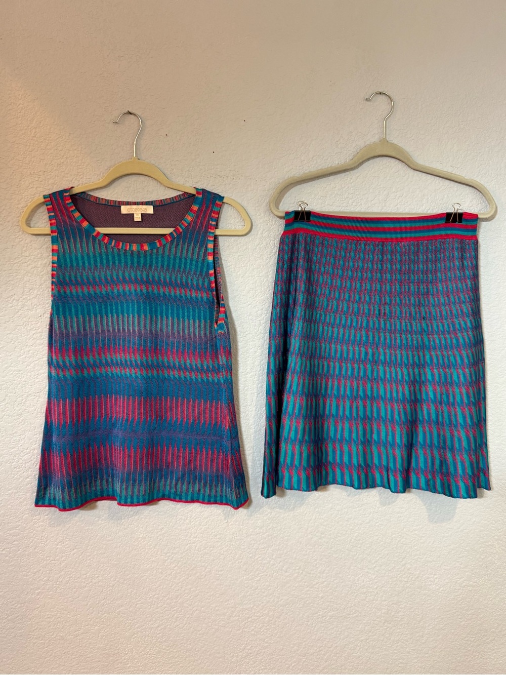 Etcetera Silk Knit Two Piece Set Sleeveless Top A-Line Skirt Multicolor M